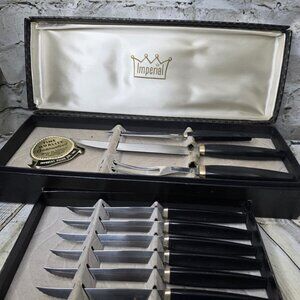 Vintage 1950 MCM Imperial Stainless 6 Carving Steak Knives & Meat Fork Set of 9